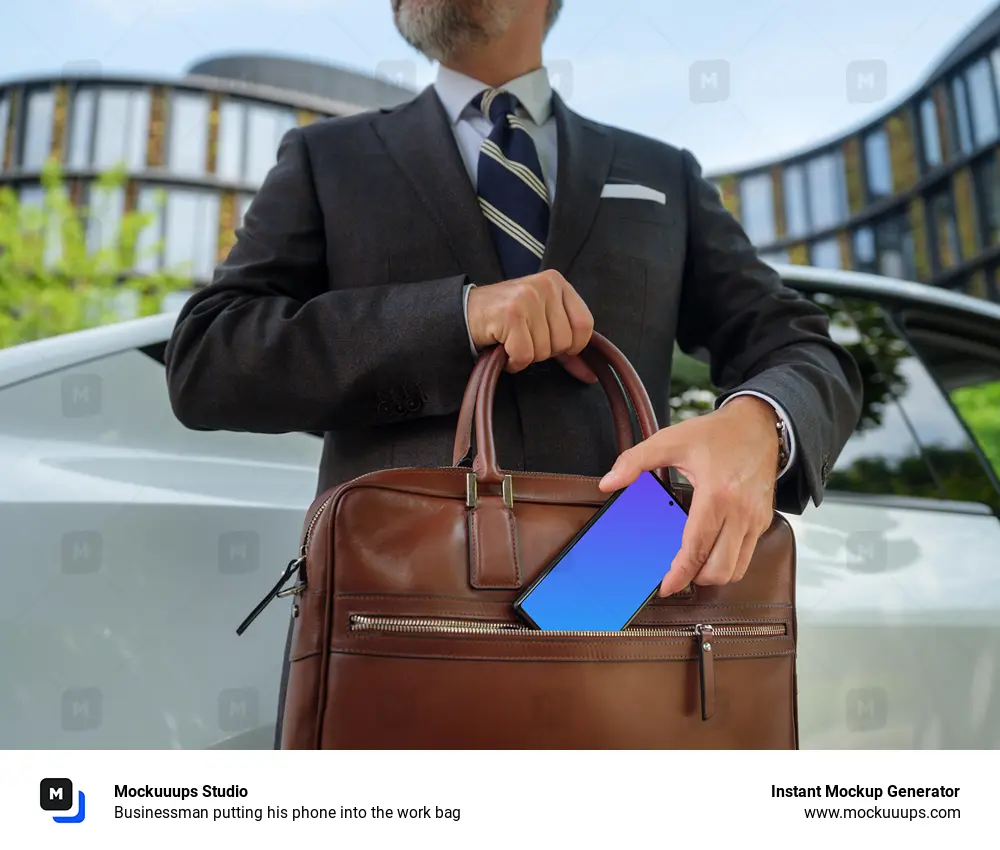 Businessman putting his phone into the work bag