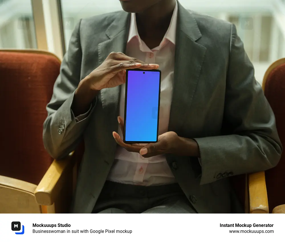 Businesswoman in suit with Google Pixel mockup