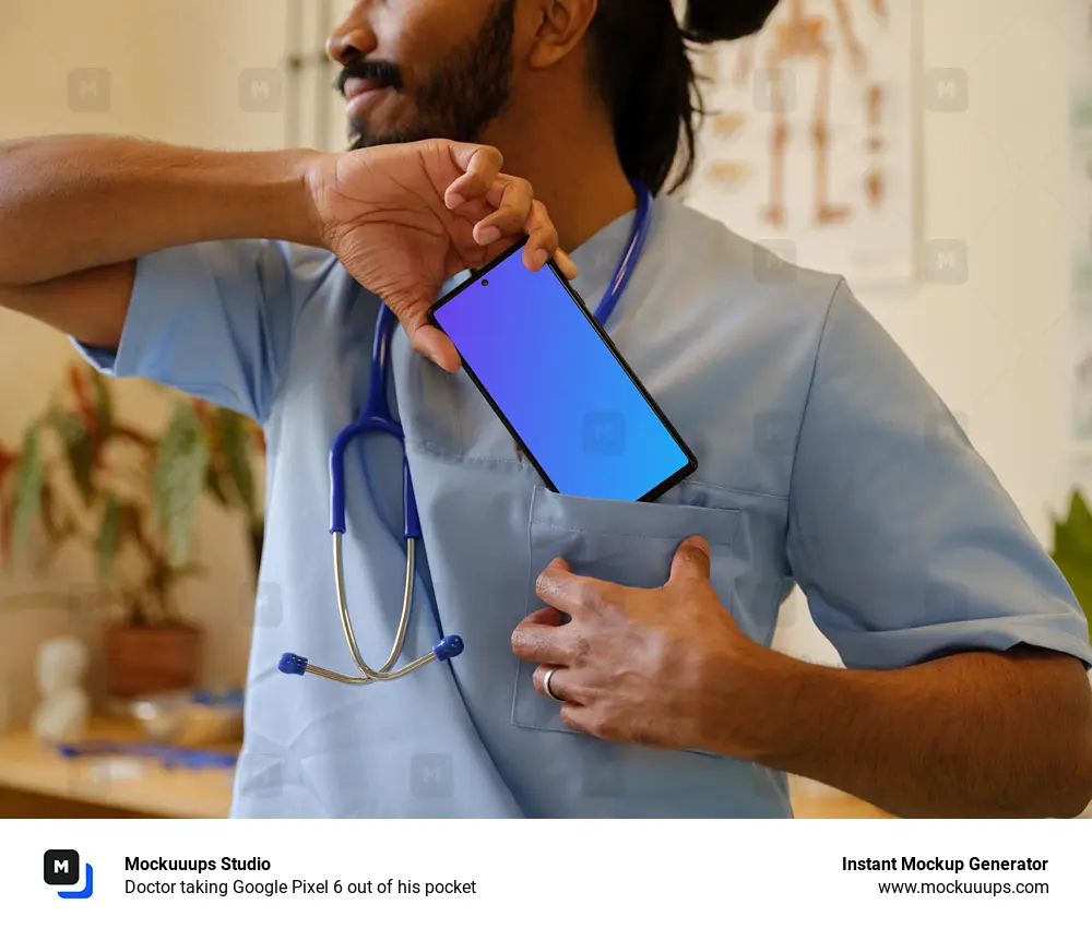 Doctor taking Google Pixel 6 out of his pocket