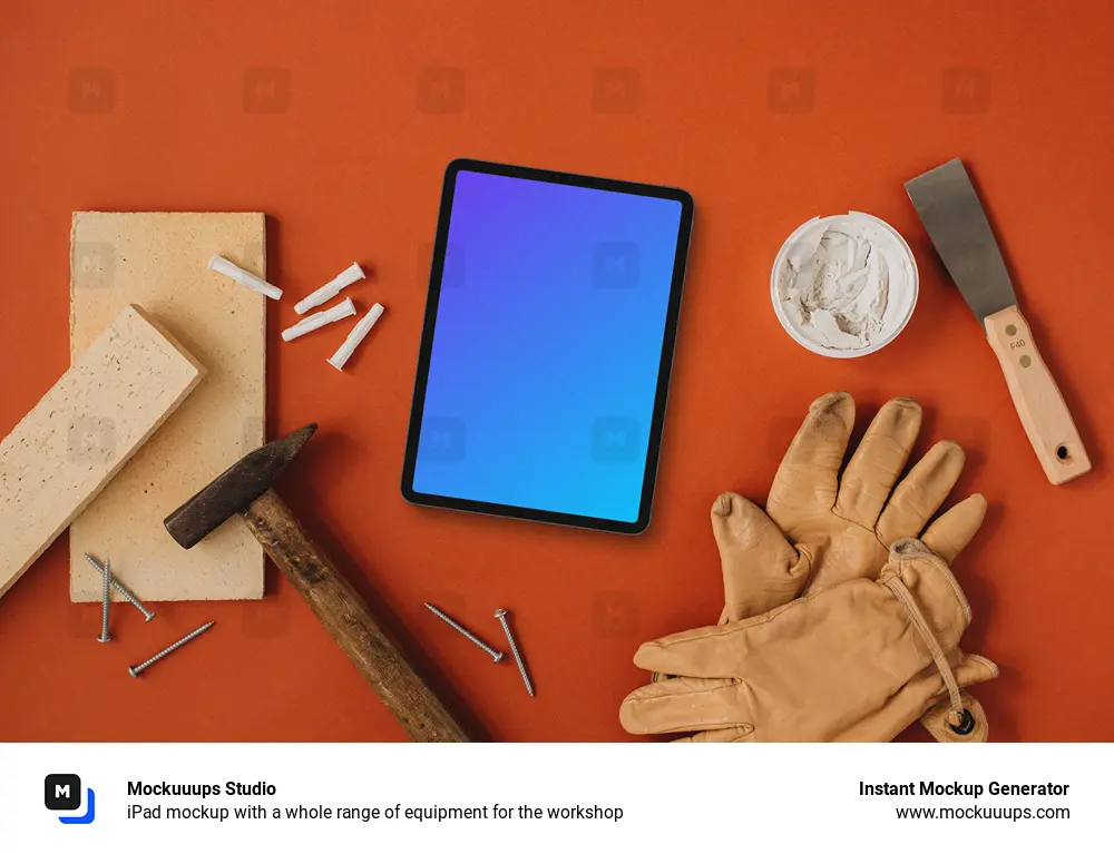 iPad mockup with a whole range of equipment for the workshop