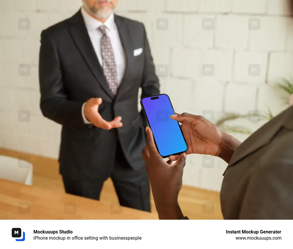 iPhone mockup in office setting with businesspeople