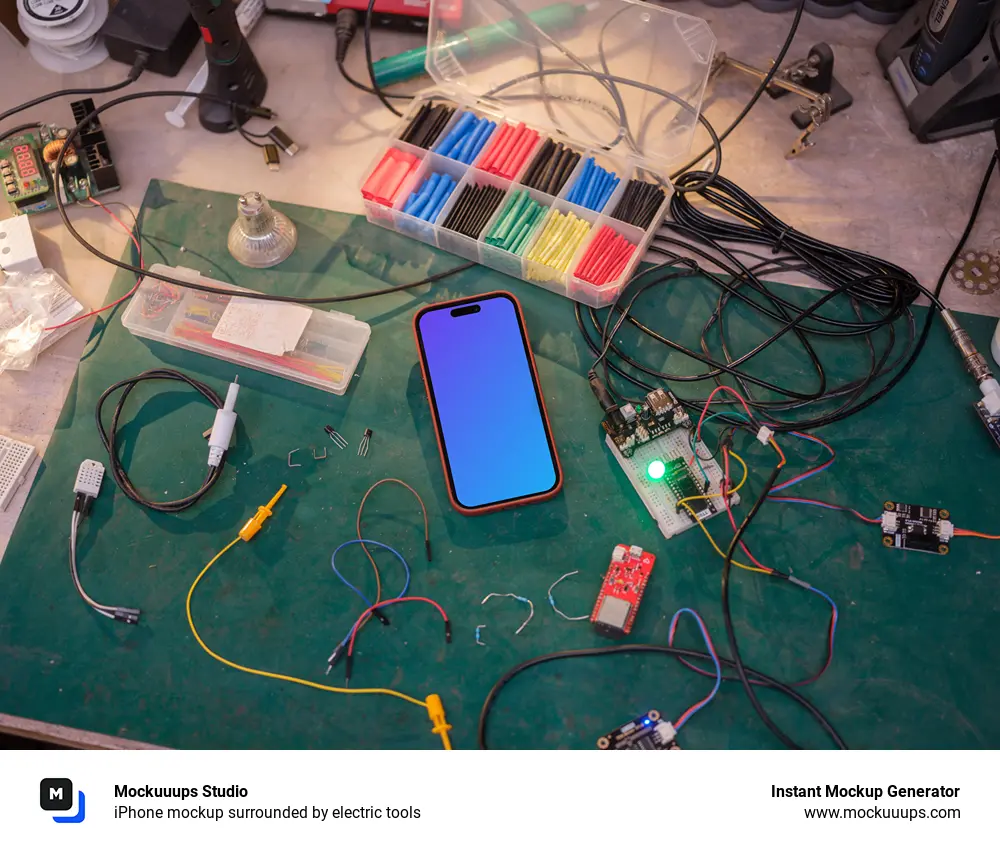 iPhone mockup surrounded by electric tools