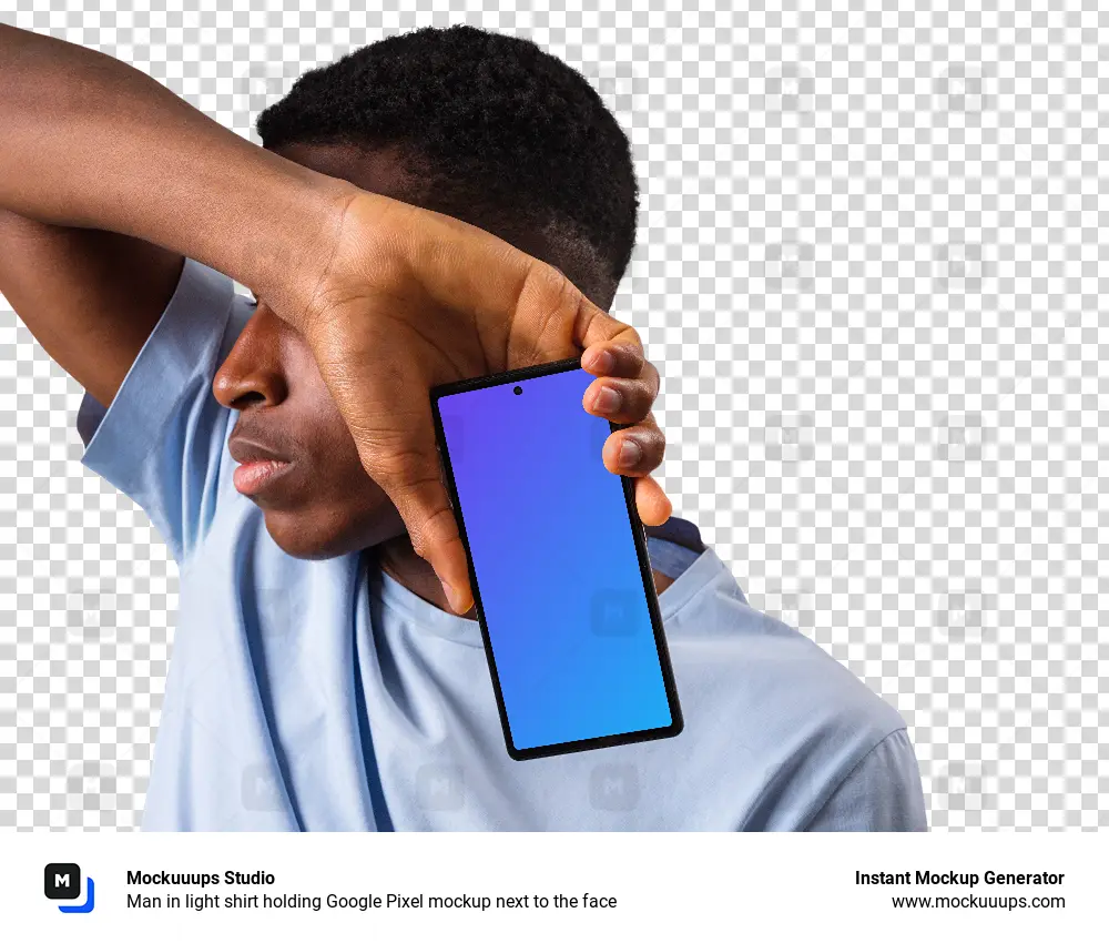 Man in light shirt holding Google Pixel mockup next to the face
