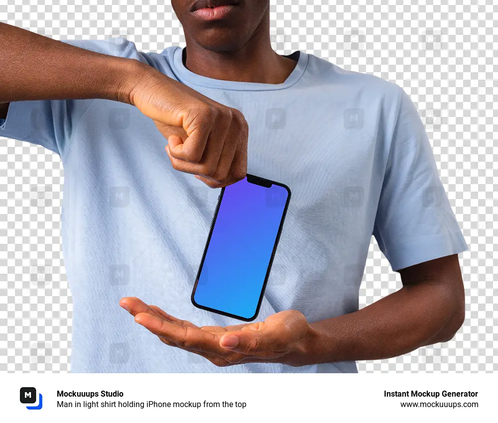 Man in light shirt holding iPhone mockup from the top