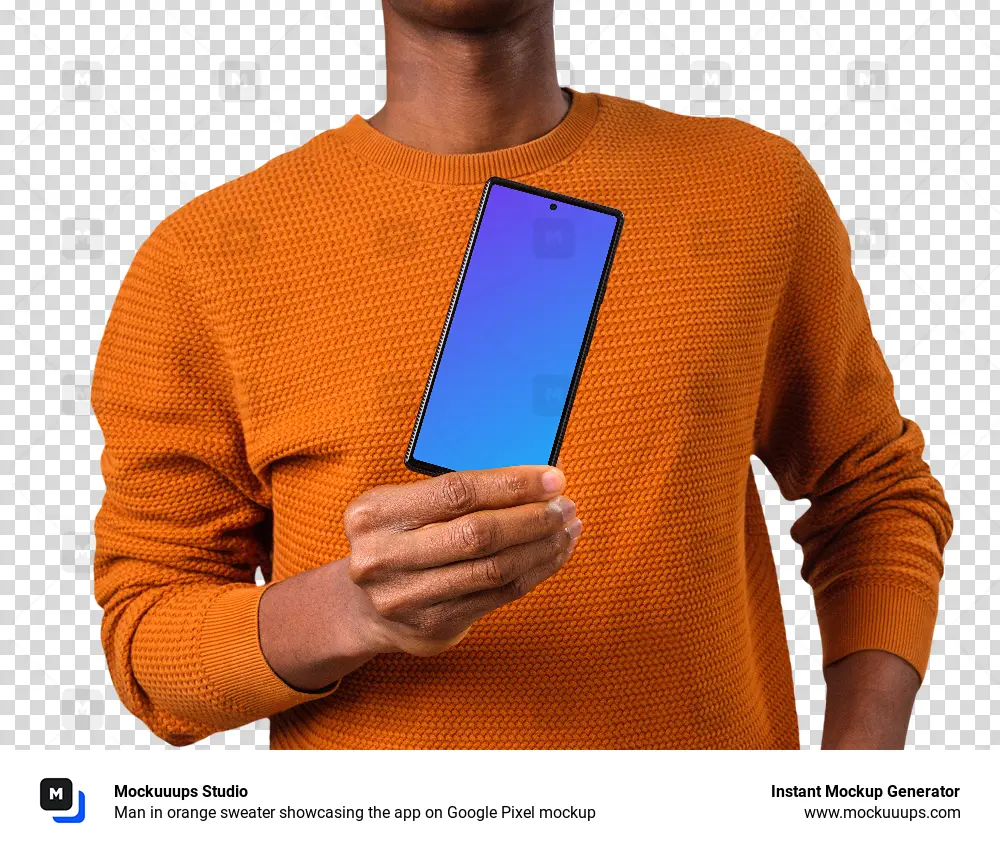 Man in orange sweater showcasing the app on Google Pixel mockup