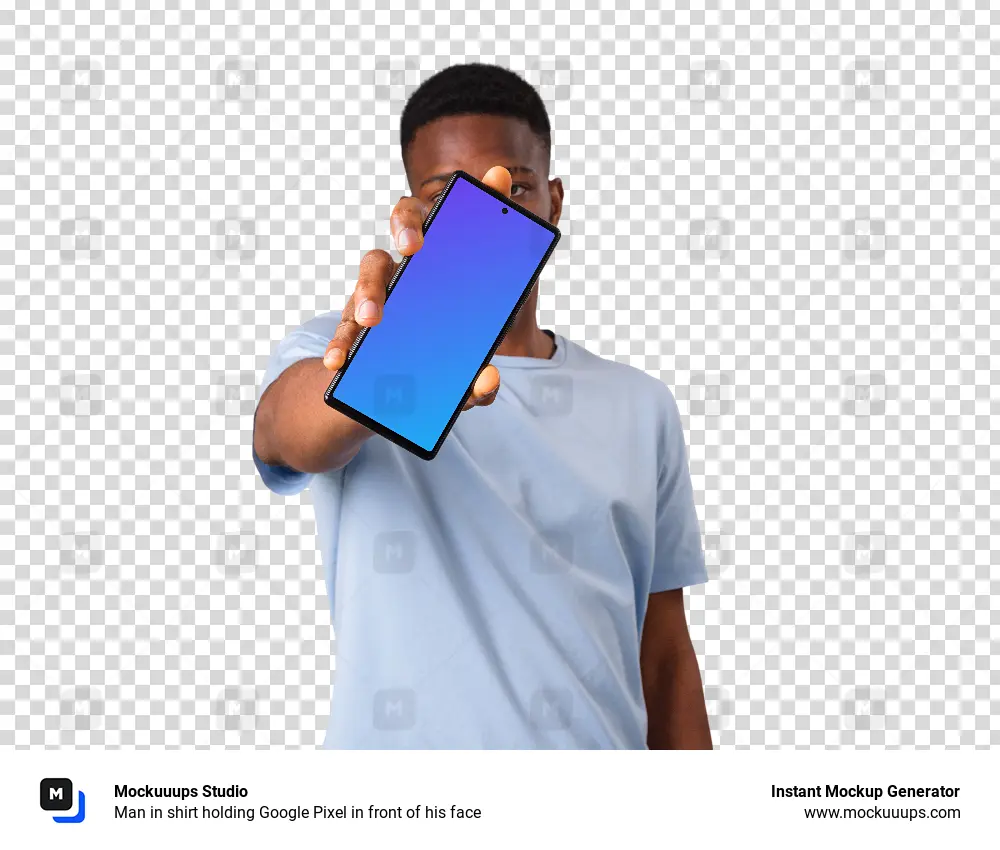 Man in shirt holding Google Pixel in front of his face