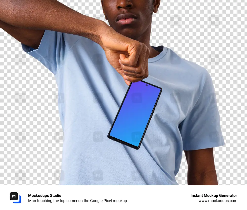 Man touching the top corner on the Google Pixel mockup