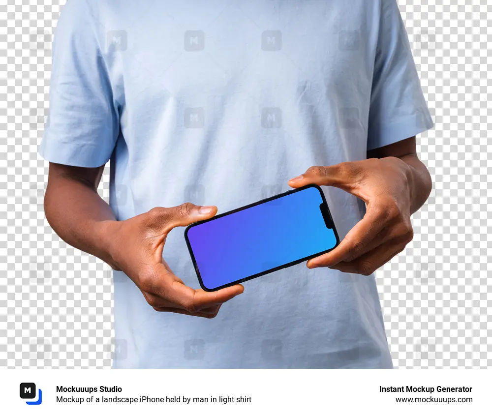 Mockup of a landscape iPhone held by man in light shirt