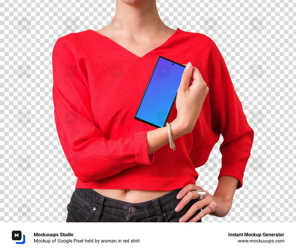 Mockup of Google Pixel held by woman in red shirt