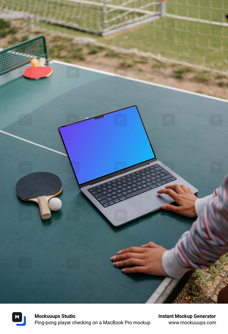 Ping-pong player checking on a MacBook Pro mockup