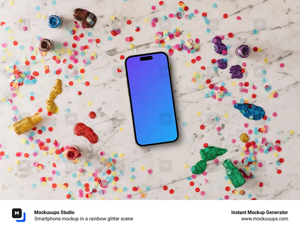 Smartphone mockup in a rainbow glitter scene