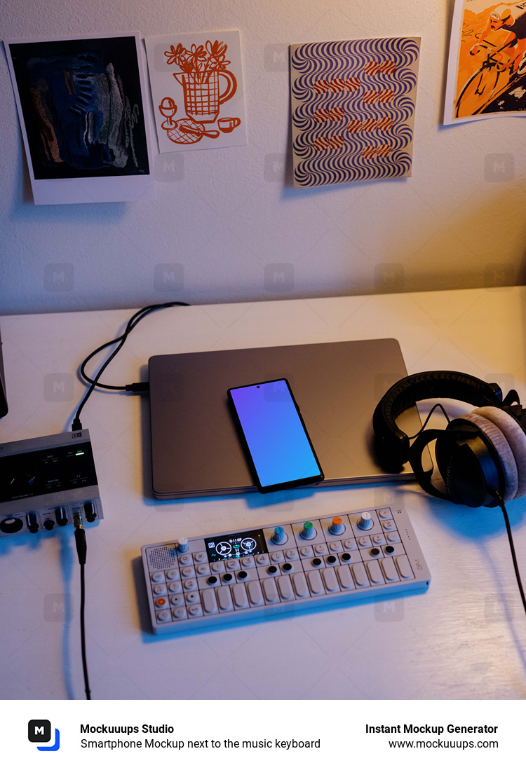 Smartphone Mockup next to the music keyboard