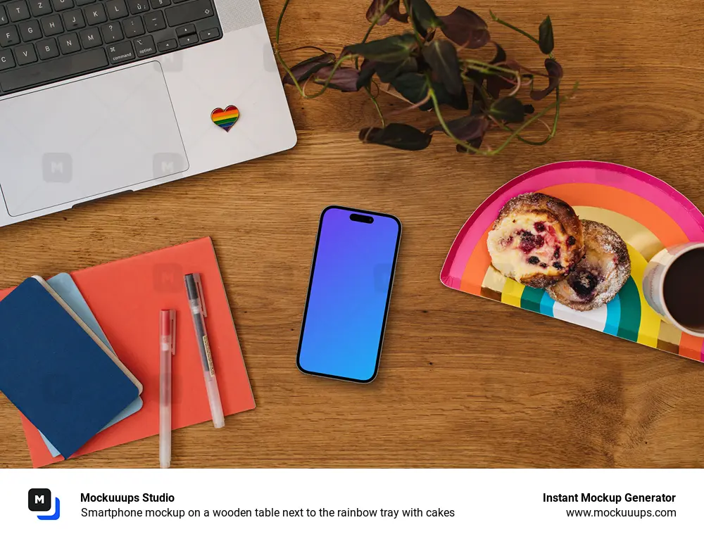 Smartphone mockup on a wooden table next to the rainbow tray with cakes