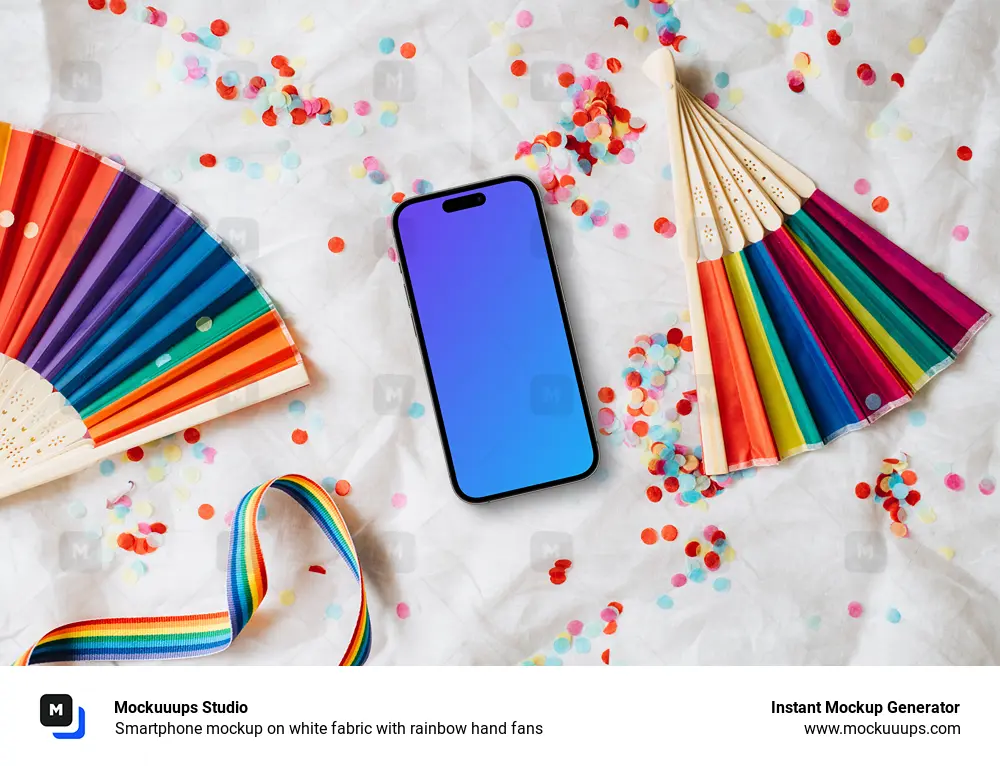 Smartphone mockup on white fabric with rainbow hand fans