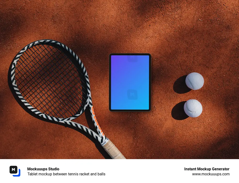 Tablet mockup between tennis racket and balls