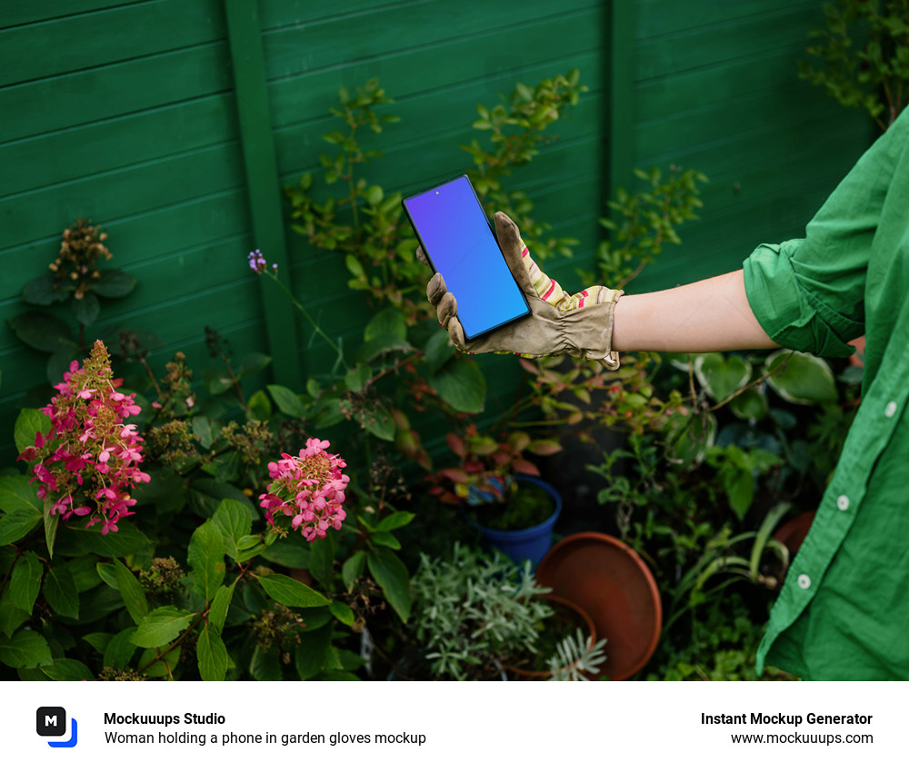 Woman holding a phone in garden gloves mockup