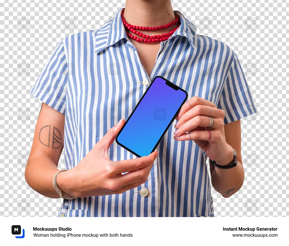 Woman holding iPhone mockup with both hands