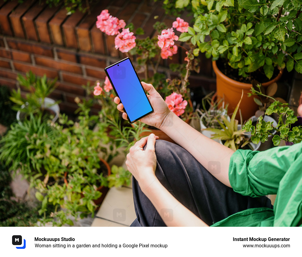 Woman sitting in a garden and holding a Google Pixel mockup