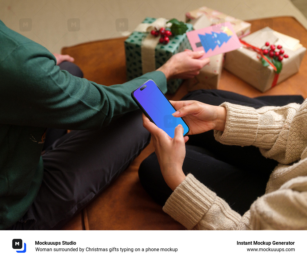 Woman surrounded by Christmas gifts typing on a phone mockup