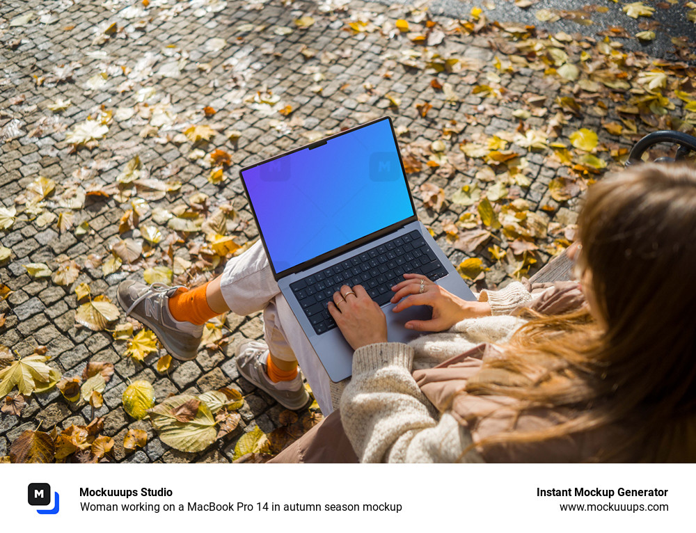 Woman working on a MacBook Pro 14 in autumn season mockup