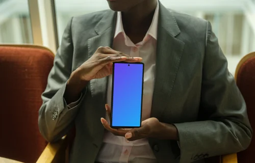 Businesswoman in suit with Google Pixel mockup