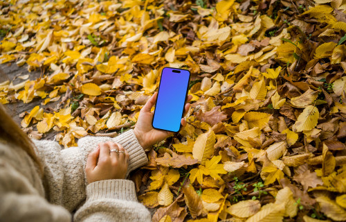 Hand holding an iPhone in the autumn leaves mockup
