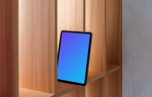 iPad Air mockup on wooden bookshelf