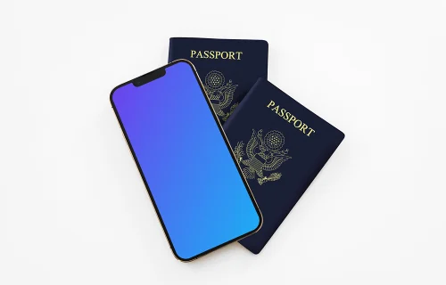 iPhone 13 mockup en dos pasaportes estadounidenses 
