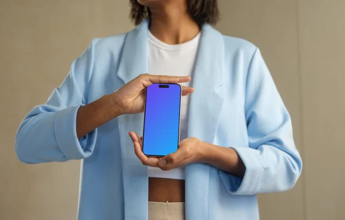iPhone 15 Pro mockup in a woman's hands