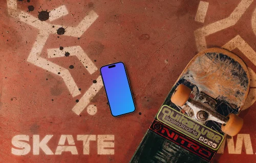 iPhone mockup en el skatepark de fondo urbano