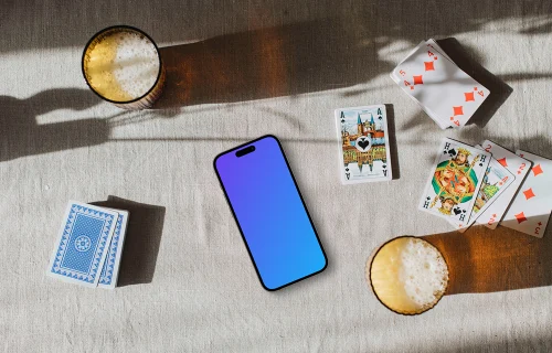 iPhone mockup surrounded by card game