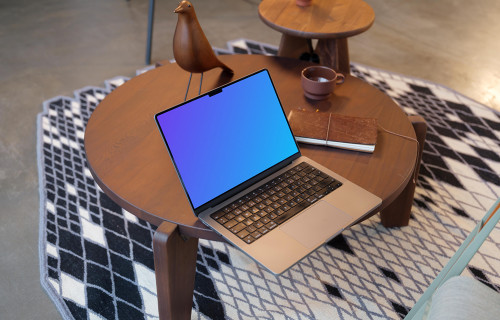 MacBook Pro 14 mockup on wooden table