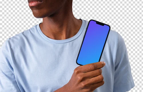Man in light shirt holding iPhone with a one hand
