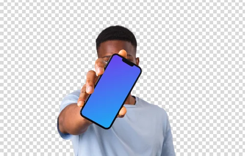 Man in shirt holding iPhone in front of his face