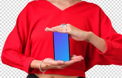 Mockup of iPhone held by woman in red shirt