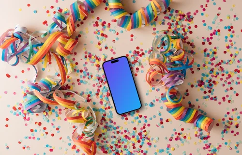 Smartphone mockup rodeado de confeti arco iris