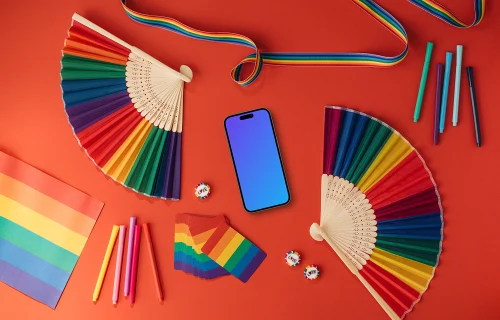 Smartphone mockup surrounded by rainbow items