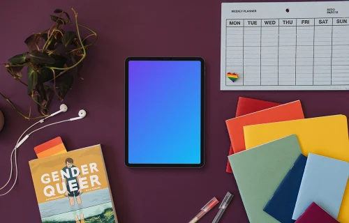 Tablet mockup in a purple scene with pride themed decorations