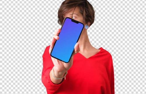 Woman in red shirt holding iPhone mockup in front of her face