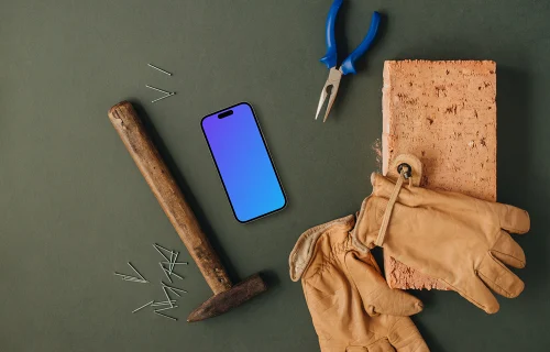 Workshop supplies and a phone mockup