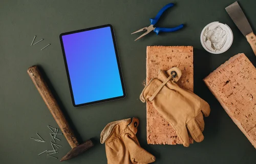 Workshop supplies and a tablet mockup