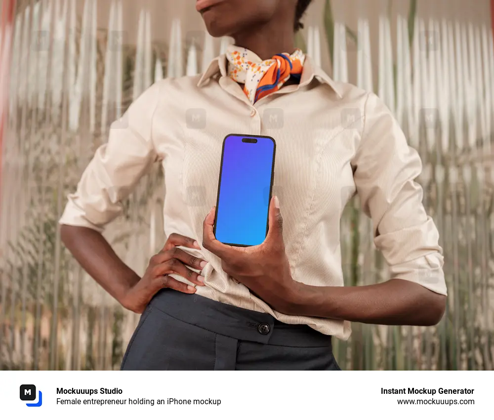 Female entrepreneur holding an iPhone mockup