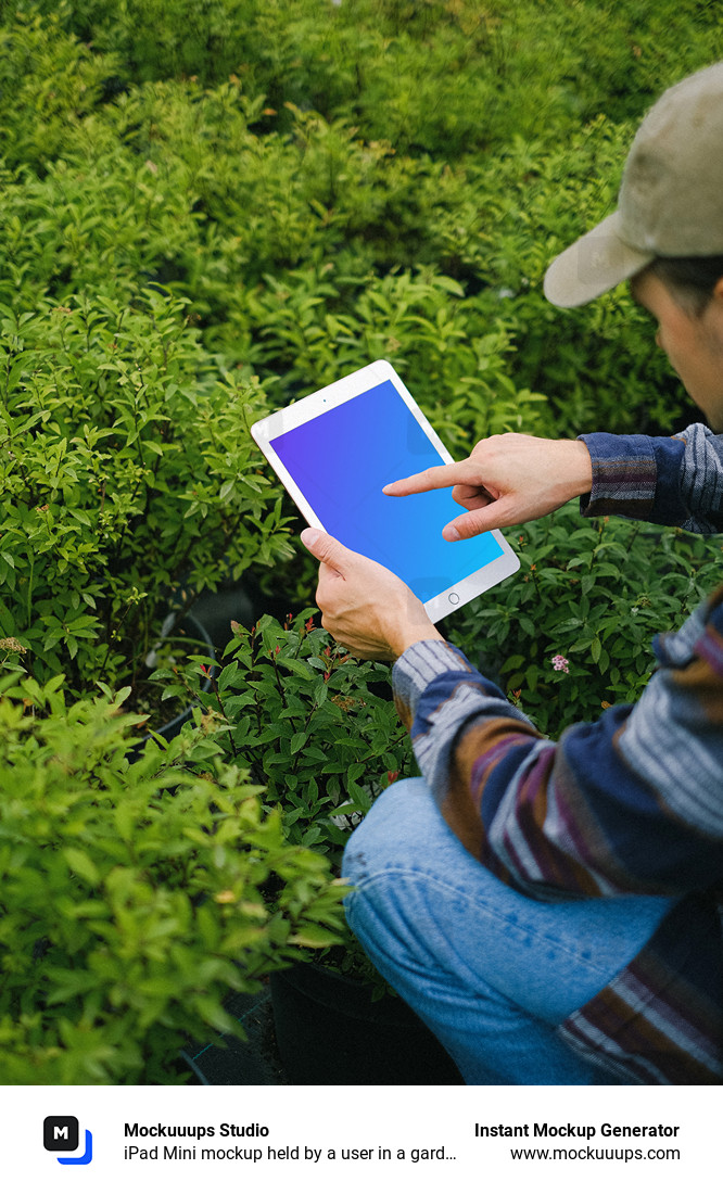 iPad Mini mockup held by a user in a garden 