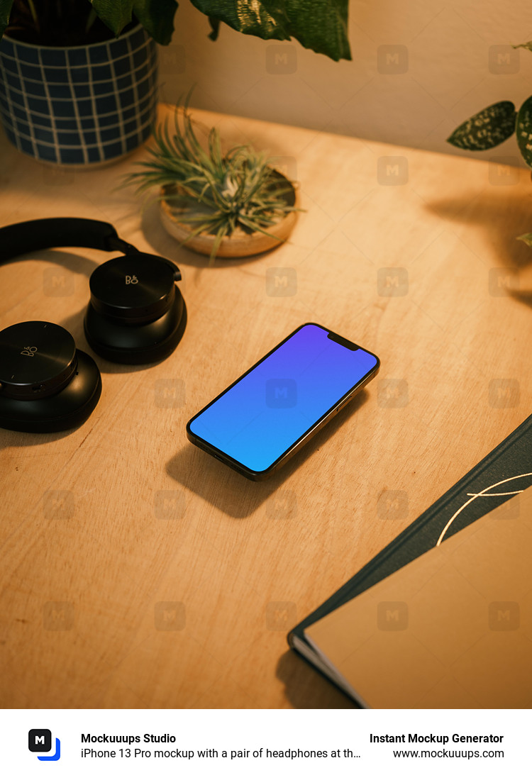 iPhone 13 Pro mockup with a pair of headphones at the side