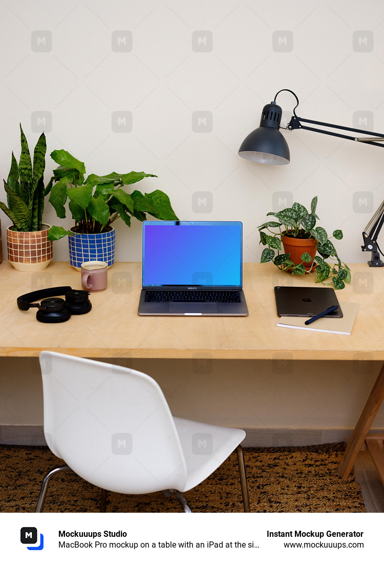 MacBook Pro mockup on a table with an iPad at the side.