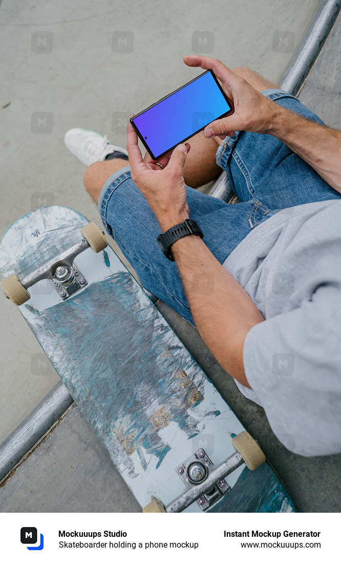 Skateboarder holding a phone mockup