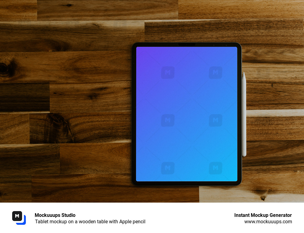 Tablet mockup on a wooden table with Apple pencil