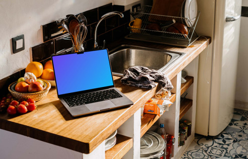 MacBook Pro mockup on a kitchen counter