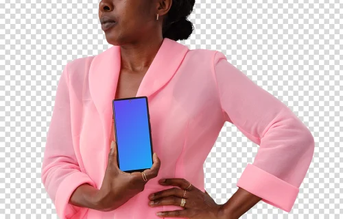 Mujer de negocios con un Google Pixel 6 mockup en la mano