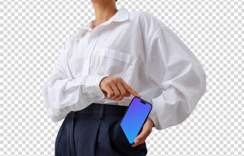 Mujer de negocios con un iPhone mockup en el bolsillo